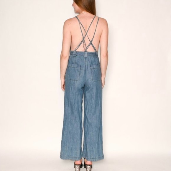 Free People Pants - FREE PEOPLE- Wide-Leg Strappy Back Denim Overalls Boho Festival Night Out